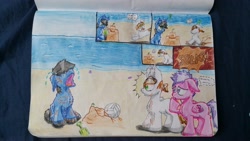 Size: 3264x1836 | Tagged: safe, artist:hilfigirl, imported from derpibooru, oc, oc only, oc:blueboard, oc:endearing chalk, unnamed oc, earth pony, pegasus, pony, beach, comic, crying, sand, sandcastle, sports, text, traditional art, volleyball, water