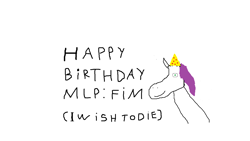 Size: 1536x864 | Tagged: safe, artist:mrbananapony, imported from derpibooru, oc, oc only, 1000 hours in ms paint, happy birthday mlp:fim, hat, looking at you, mlp fim's seventh anniversary, party hat, simple background, sketch, solo, text, white background