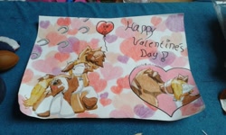 Size: 1280x770 | Tagged: safe, artist:hilfigirl, imported from derpibooru, oc, oc only, oc:heavy weight, oc:pawprint, earth pony, pony, unicorn, cutie mark, eyes closed, gift art, heart, hearts and hooves day, heavyprint, holiday, hoof shoes, hoofprints, in love, kiss mark, kissing, lipstick, love, open mouth, paw print, paw prints, traditional art, valentine, valentine's day