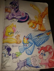 Size: 960x1280 | Tagged: safe, artist:hilfigirl, imported from derpibooru, applejack, fluttershy, pinkie pie, rainbow dash, rarity, twilight sparkle, dog, earth pony, pegasus, pony, unicorn, book, clothes, dress, flying, hat, mane six, mannequin, reading, text, traditional art