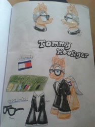 Size: 960x1280 | Tagged: safe, artist:hilfigirl, imported from derpibooru, oc, oc only, oc:tommy hoofiger, pony, bust, clothes, cutie mark, glasses, head, ponified, reference sheet, solo, suit, tommy hilfiger, traditional art