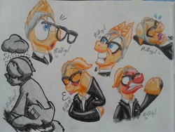 Size: 1280x960 | Tagged: safe, artist:hilfigirl, imported from derpibooru, oc, oc only, oc:tommy hoofiger, pony, angry, emotions, flattered, grin, laughing, monochrome, ponified, sad, shocked, smiling, solo, tommy hilfiger, traditional art