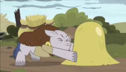 Size: 327x189 | Tagged: safe, edit, edited screencap, imported from derpibooru, screencap, bell tolls, little violet, earth pony, pony, unicorn, shadow play, animated, bell, braid, braided ponytail, braided tail, cartoon violence, circling stars, clothes, derp, dizzy, dress, faic, female, filly, floppy ears, frown, gif, glare, home sweet pineapple, hoof hold, hunchback, male, mismatched eyes, robe, sitting, slapstick, stallion, unamused, wide eyes