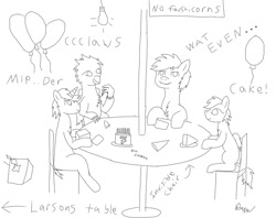 Size: 960x762 | Tagged: safe, artist:pizzamovies, imported from derpibooru, oc, oc only, oc:pizzamovies, griffon, balloon, box, cake, candle, chair, female, food, happy birthday mlp:fim, hat, light bulb, lightbulb, male, mare, meme, mlp fim's seventh anniversary, party hat, plate, simple background, sitting, stallion, table, tail, wat