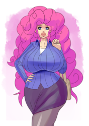 Size: 1131x1600 | Tagged: safe, artist:annon, imported from derpibooru, pinkie pie, human, big breasts, bimbo, bimbo pie, breasts, business suit, busty pinkie pie, curvy, female, halloween costume, humanized, looking at you, solo