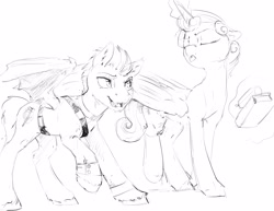 Size: 3300x2550 | Tagged: safe, artist:silfoe, imported from derpibooru, princess flurry heart, oc, oc:pterus, bat pony, other royal book, adopted offspring, black and white, cousins, duo, eyes closed, grayscale, monochrome, older, older flurry heart, parent:princess luna, parent:twilight sparkle, parents:twiluna, raspberry, simple background, tongue out, white background
