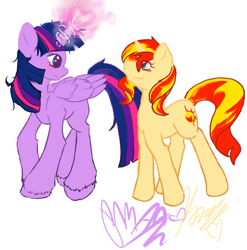 Size: 450x456 | Tagged: safe, artist:fluffypandalove, artist:xxmsheroxx, imported from derpibooru, sunset shimmer, twilight sparkle, twilight sparkle (alicorn), alicorn, unicorn, female, lesbian, looking at each other, magic, shipping, sunsetsparkle