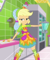 Size: 595x720 | Tagged: safe, imported from derpibooru, screencap, applejack, eqg summertime shorts, equestria girls, shake things up!, blender (object), clothes, cropped, food, hair net, hat, kneesocks, lidded eyes, orange, skirt, smiling, smirk, socks, zettai ryouiki