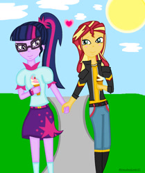 Size: 1116x1332 | Tagged: safe, artist:miraculouslover21, imported from derpibooru, sci-twi, sunset shimmer, twilight sparkle, equestria girls, female, food, holding hands, ice cream, lesbian, scitwishimmer, shipping, sun, sunsetsparkle