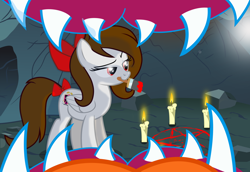 Size: 5000x3435 | Tagged: safe, artist:rsa.fim, imported from derpibooru, oc, oc only, oc:whisper hope, bear, pegasus, pony, ursa, ursa minor, bow, brush, candle, cave, fangs, female, jaws, mare, mexican, mouth cam, mouth hold, pentagram, red eyes, reflex sight, ribbon, ritual, tail bow, tail wrap, this will end in death, this will end in tears and/or death, this will not end well, unitárium