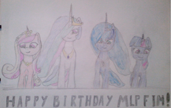 Size: 1159x732 | Tagged: safe, artist:barhandar, derpibooru exclusive, imported from derpibooru, princess cadance, princess celestia, princess luna, twilight sparkle, alicorn, pony, alicorn tetrarchy, female, happy birthday mlp:fim, mare, mlp fim's seventh anniversary, pencil drawing, simple background, traditional art, twilight sparkle (alicorn), white background