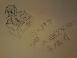 Size: 1600x1200 | Tagged: safe, artist:genericusername101o, derpibooru exclusive, imported from derpibooru, derpy hooves, female, happy birthday mlp:fim, mlp fim's seventh anniversary, solo