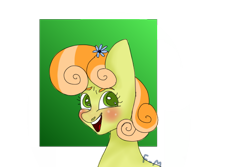 Size: 600x400 | Tagged: safe, artist:sodadoodle, imported from derpibooru, junebug, pony, background pony, blushing, bust, female, flower, flower in hair, gradient background, looking away, mare, portrait, simple background, smiling, solo, transparent background