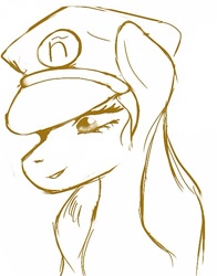 Size: 466x593 | Tagged: safe, imported from derpibooru, oc, oc only, oc:maría teresa de los ponyos paguetti, earth pony, pony, female, hat, mare, mascot, monochrome, peaked cap, simple background, sketch, white background, ñ