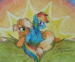 Size: 669x556 | Tagged: safe, artist:shimmerofdarkness, imported from derpibooru, applejack, rainbow dash, appledash, female, lesbian, shipping, traditional art