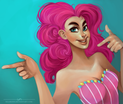 Size: 945x800 | Tagged: safe, artist:maaronn, imported from derpibooru, pinkie pie, human, breasts, busty pinkie pie, clothes, dress, female, finger gun, finger guns, humanized, solo