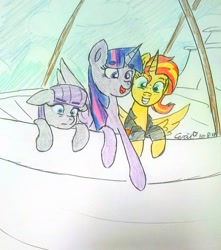 Size: 2233x2528 | Tagged: safe, artist:erenerakhard, artist:erynerikard, derpibooru exclusive, imported from derpibooru, maud pie, sunset shimmer, twilight sparkle, alicorn, once upon a zeppelin, airship, alicornified, clothes, freckles, jacket, leather jacket, peppered bacon, race swap, shimmercorn, traditional art, twilight sparkle (alicorn)