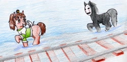 Size: 2715x1335 | Tagged: safe, artist:40kponyguy, derpibooru exclusive, imported from derpibooru, earth pony, ghost, mouse, pony, chihiro ogino, crossover, looking over shoulder, mask, no-face, ponified, spirited away, studio ghibli, traditional art, train tracks, water