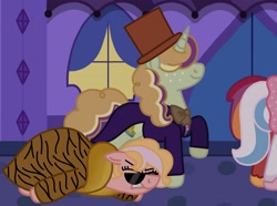 Size: 3891x2901 | Tagged: safe, artist:kindheart525, imported from derpibooru, oc, oc only, oc:discovery, oc:honeycrisp, oc:primrose, oc:somerset sour cider, earth pony, pony, unicorn, kindverse, barbie, nightmare night, offspring, parent:big macintosh, parent:cheerilee, parent:fancypants, parent:fleur-de-lis, parent:sugar belle, parents:cheerimac, parents:fancyfleur, parents:sugarmac, pimp coat, roald dahl, sunglasses, willy wonka, willy wonka and the chocolate factory