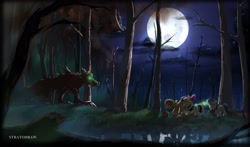 Size: 4093x2401 | Tagged: safe, artist:stratodraw, imported from derpibooru, apple bloom, princess luna, rainbow dash, scootaloo, songbird serenade, sweetie belle, pony, timber wolf, my little pony: the movie, candy, clothes, cosplay, costume, crying, cutie mark crusaders, female, filly, food, forest, full moon, glowing eyes, imminent death, moon, this will end in tears and/or death and/or covered in tree sap, tree, water