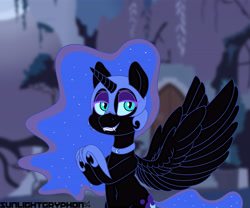 Size: 6000x5000 | Tagged: safe, artist:sunlightgryphon, imported from derpibooru, nightmare moon, absurd resolution, belly button, blurred background, blurry background, fangs, nightmare night, smiling, wings