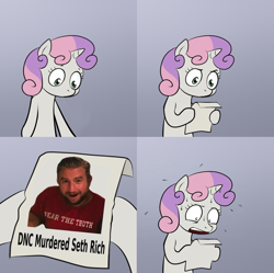 Size: 1024x1021 | Tagged: safe, imported from derpibooru, sweetie belle, exploitable meme, his name was, meme, note, obligatory pony, seth rich, sweetie's note meme, upset