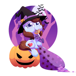 Size: 1200x1200 | Tagged: safe, artist:yokokinawa, imported from derpibooru, oc, oc only, oc:maizzey starr, pony, candy, female, food, halloween, hat, holiday, jack-o-lantern, lollipop, mare, pumpkin, simple background, solo, transparent background, witch hat