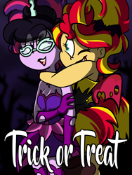 Size: 3000x4000 | Tagged: safe, artist:befishproductions, imported from derpibooru, sci-twi, sunset shimmer, twilight sparkle, equestria girls, friendship games, clothes, costume, dress, female, halloween, holiday, hug, lesbian, midnight sparkle, midnightsatan, purple background, scitwishimmer, shipping, simple background, smiling, sunset satan, sunsetsparkle, trick or treat