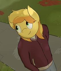 Size: 3000x3508 | Tagged: safe, artist:triplesevens, imported from derpibooru, braeburn, anthro, autumn, clothes, college, jacket, looking up, smiling, walking