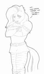 Size: 773x1280 | Tagged: safe, artist:zacharyisaacs, imported from derpibooru, fluttershy, anthro, pegasus, belt, boots, clothes, collar, costume, cutie mark, dialogue, dyed mane, dyed tail, ear piercing, female, fingerless gloves, flutterpunk, gloves, halloween, holiday, makeup, mare, metallica, monochrome, muscles, muscleshy, nightmare night, nightmare night costume, piercing, shoes, simple background, solo, spiked collar, tumblr comic, white background