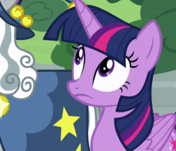 Size: 600x515 | Tagged: safe, imported from derpibooru, screencap, star swirl the bearded, twilight sparkle, alicorn, pony, unicorn, shadow play, animated, ears back, embarrassed, facewing, female, floppy ears, hiding behind wing, male, mare, stallion, twilight sparkle (alicorn), wing hands