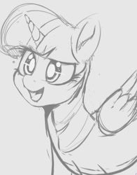 Size: 489x624 | Tagged: safe, artist:tre, imported from derpibooru, twilight sparkle, alicorn, pony, female, grayscale, mare, monochrome, open mouth, simple background, sketch, smiling, solo, twilight sparkle (alicorn)
