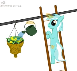 Size: 837x773 | Tagged: safe, artist:dafiltafish, imported from derpibooru, lyra heartstrings, pony, unicorn, female, flower, flower pot, ladder, levitation, magic, magic aura, mare, simple background, solo, telekinesis, white background