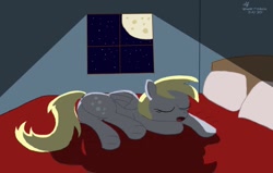 Size: 1286x817 | Tagged: safe, artist:dafiltafish, imported from derpibooru, derpy hooves, bed, female, moon, moonlight, sleeping, solo, window