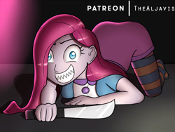 Size: 1000x750 | Tagged: safe, artist:thealjavis, imported from derpibooru, pinkamena diane pie, pinkie pie, equestria girls, clothes, female, knife, looking at you, missing shoes, multiple variants, sharp teeth, socks, solo, striped socks, teeth, thigh highs