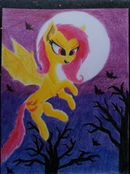 Size: 3096x4128 | Tagged: safe, artist:ironbeastz, imported from derpibooru, fluttershy, bat, bat pony, pony, female, flutterbat, high res, moon, night, race swap, solo, traditional art, tree