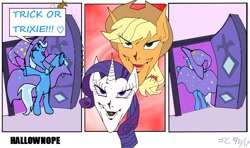 Size: 808x477 | Tagged: safe, artist:stardust breaker, imported from derpibooru, applejack, rarity, trixie, carousel boutique, deathbulge, female, group, halloween, holiday, joey wheeler's creepy chin, nightmare fuel, nope, solo, the deathbulge party saga, trixie day, wat, wtf, yu-gi-oh!