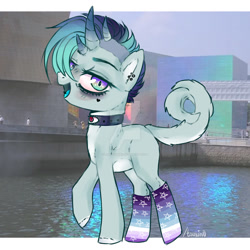 Size: 1280x1280 | Tagged: safe, artist:demotsukino, imported from derpibooru, oc, oc only, pony, clothes, collar, ear piercing, eyeliner, makeup, piercing, socks, solo, striped socks, watermark