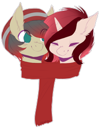 Size: 1024x1316 | Tagged: safe, artist:shiromidorii, edit, imported from derpibooru, oc, oc only, oc:berry blitz, oc:cheat code, earth pony, pony, unicorn, beanie, berrycode, bust, clothes, couple, duo, ear fluff, eyes closed, hat, scarf, shared clothing, shared scarf, simple background, smiling, transparent background