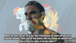 Size: 1100x619 | Tagged: safe, imported from derpibooru, screencap, flash magnus, rainbow dash, shadow play, game of thrones, image macro, khal drogo, meme, wat