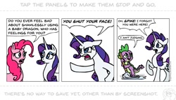 Size: 987x564 | Tagged: safe, artist:gingerfoxy, imported from derpibooru, pinkie pie, rarity, spike, dragon, earth pony, pony, unicorn, pony comic generator, comic, misspelling