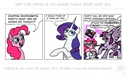 Size: 994x595 | Tagged: safe, artist:gingerfoxy, imported from derpibooru, pinkie pie, rarity, twilight sparkle, alicorn, earth pony, pony, unicorn, pony comic generator, angry, book, comic, female, glowing, glowing horn, horn, magic, telekinesis, twilight (series), twilight sparkle (alicorn)