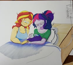 Size: 1280x1135 | Tagged: safe, artist:missmayaleanne, imported from derpibooru, sci-twi, sunset shimmer, twilight sparkle, oc, oc:sparkling sapphire, series:sciset diary, equestria girls, bed, crying, female, gift art, holding hands, hospital bed, hospital gown, lesbian, looking at each other, magical lesbian spawn, offspring, parent:sci-twi, parent:sunset shimmer, parent:twilight sparkle, parents:scitwishimmer, parents:sunsetsparkle, ponytail, ring, scitwishimmer, shipping, sunsetsparkle, tears of joy, tired, traditional art, wedding ring