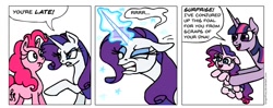 Size: 976x388 | Tagged: safe, artist:gingerfoxy, imported from derpibooru, pinkie pie, rarity, twilight sparkle, earth pony, pony, unicorn, pony comic generator, comic, magical lesbian spawn, offspring, parent:pinkie pie, parent:rarity, parents:raripie