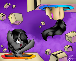 Size: 1280x1024 | Tagged: safe, artist:supermoix, imported from derpibooru, oc, oc only, alicorn, adventure, box, cute, female, gasp, other dimension, portal, purple background, simple background
