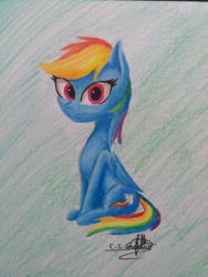 Size: 774x1032 | Tagged: safe, artist:ironbeastz, imported from derpibooru, rainbow dash, pony, chibi, female, sitting, solo, traditional art