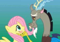 Size: 560x391 | Tagged: artist needed, safe, imported from derpibooru, discord, fluttershy, animated, blushing, chin up, discoshy, eyes closed, female, gif, gradient background, kissing, male, profile, shipping, straight