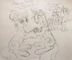 Size: 3649x3024 | Tagged: safe, artist:silfoe, imported from derpibooru, princess luna, sci-twi, sunset shimmer, twilight sparkle, oc, oc:sparkling sapphire, alicorn, pony, unicorn, series:sciset diary, equestria girls, baby, baby pony, equestria girls ponified, female, grayscale, lesbian, magical lesbian spawn, mare, monochrome, offspring, parent:sci-twi, parent:sunset shimmer, parents:scitwishimmer, ponified, scitwishimmer, shipping, sunsetsparkle, traditional art, twilight sparkle (alicorn), twiluna, twolight, unicorn sci-twi
