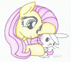Size: 690x600 | Tagged: safe, artist:astevenamedwolf, imported from derpibooru, angel bunny, fluttershy, pegasus, pony, bust, duo, looking at something, petting, simple background, smiling, traditional art, white background, wrong eye color