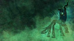 Size: 1920x1080 | Tagged: safe, artist:jamey4, edit, imported from derpibooru, queen chrysalis, changeling, changeling queen, crown, female, jewelry, regalia, solo, wallpaper, wallpaper edit